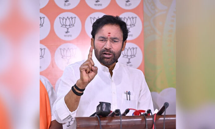 Union Minister Kishan Reddy addressing media and criticizing BRS and Congress parties over political statements and alleged destructive politics in Telangana