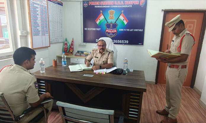Mancherial DCP A. Bhaskar inspecting CCC Naspur Police Station and directing staff on visible policing and public safety measures.