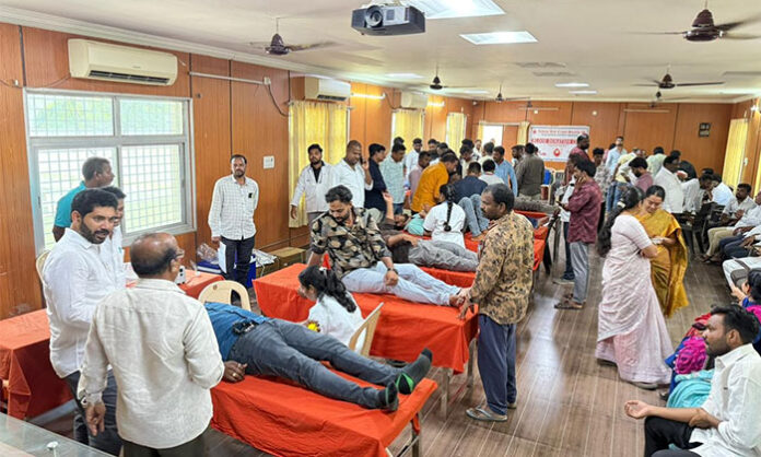 Mega blood donation camp organized at Mancherial Municipal Office with participation of officials, corporators, and Red Cross Society for thalassemia patients