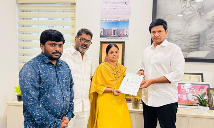 MLA Marri Rajasekhar Reddy distributes CM Relief Fund cheques to beneficiaries at the Malkajgiri camp office.