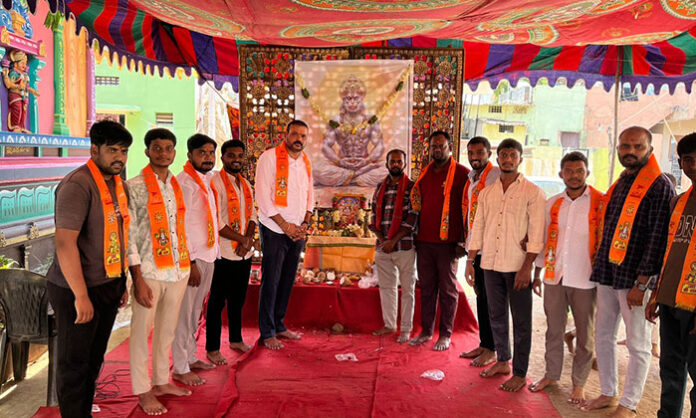 Devotees celebrate Hanuman Jayanti at Durgamma Temple in Medchal with prayers, rituals, and prasadam distribution.