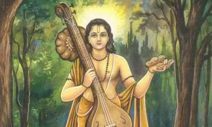 Illustration of Sage Narada holding a veena, symbolizing wisdom, devotion, and divine messenger in Hindu mythology