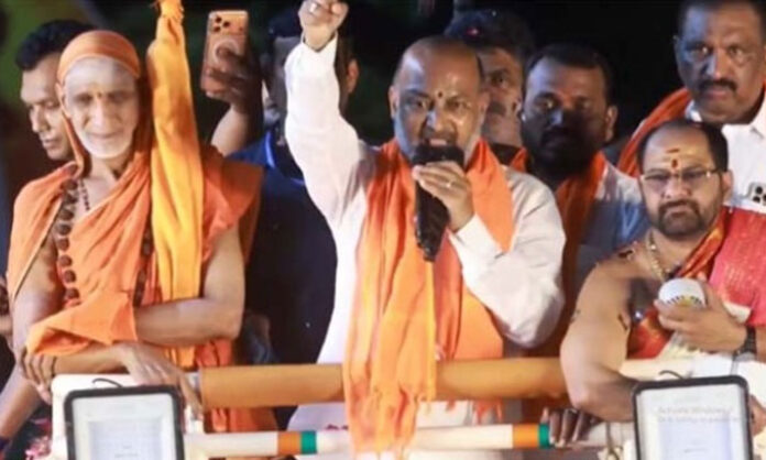 Bandi Sanjay Kumar speaking about the POCSO case involving his son Bandi Sai Bhagirath during a public event in Karimnagar.