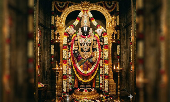 Evening Ekanta Seva ritual (Paryankasanam) being performed at Tirumala Venkateswara Swamy temple with sacred bed setup for Lord’s nightly rest.