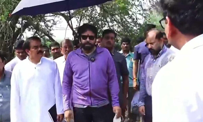 Pawan Kalyan inspecting Godavari river pollution levels and expressing concern over industrial waste contamination in Andhra Pradesh.