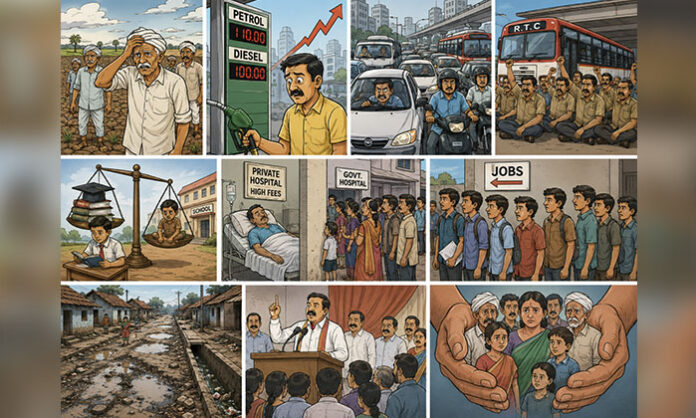 People in Telangana facing issues including farmers' distress, fuel price hikes, traffic congestion, unemployment, and rural infrastructure problems.
