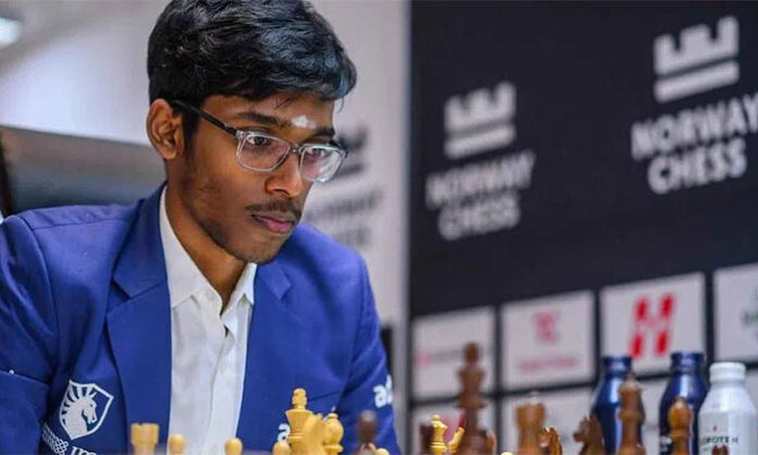 Indian Grandmaster Praggnanandhaa defeating Magnus Carlsen in the Norway Chess tournament, marking a major upset victory in classical chess.