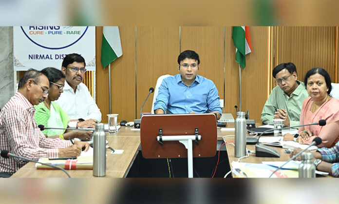 District Collector Bhavesh Mishra conducts a review meeting with officials on arrangements for the Praja Palana - Pragathi Pranalika district-level program.