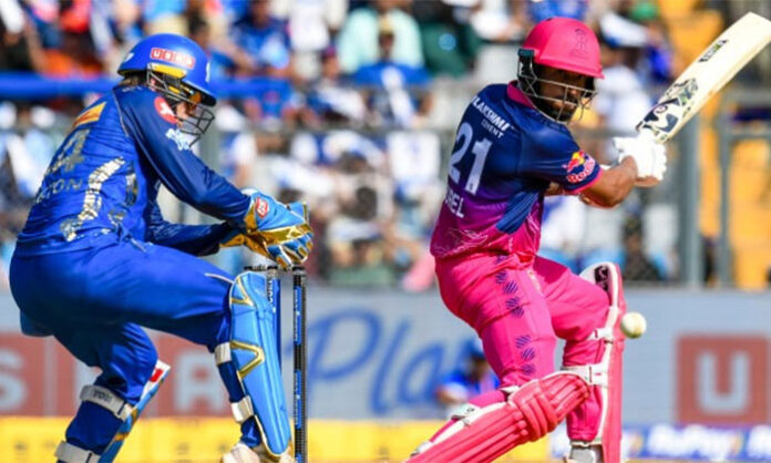 Rajasthan Royals batting lineup scoring 205 runs against Mumbai Indians at Wankhede Stadium in an IPL 2026 match with key contributions from multiple players.