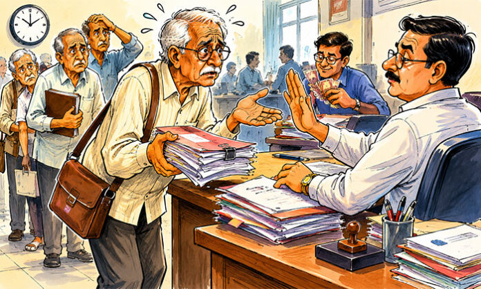 Retired government employee struggling to receive pension benefits due to corruption and office delays