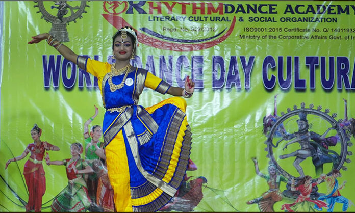 Students performing cultural dance at Rhythm Dance Academy 26th anniversary celebration in Kukatpally