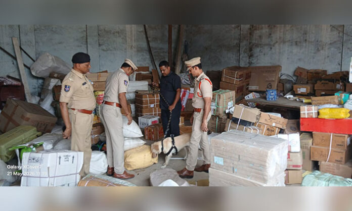 Two Town Police and sniffer dog Rudra conduct inspections to prevent narcotics sales and enforce drug control measures in the jurisdiction.