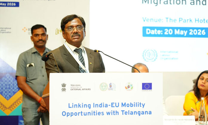 Minister Vivek Venkatswamy speaks at the India-EU Mobility workshop about strengthening TOMCOM and creating international job opportunities for Telangana youth.
