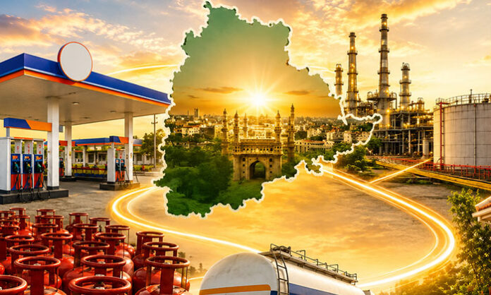 Illustration of energy supply network showing petrol, diesel, and LPG distribution across Telangana with fuel storage and transportation systems.