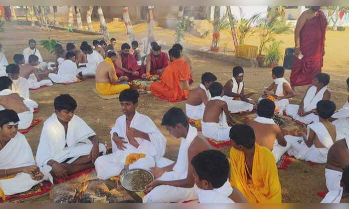 Children participating in yoga, meditation, and cultural training activities at Telangana’s first Samskara Shala program in Devarakadra.