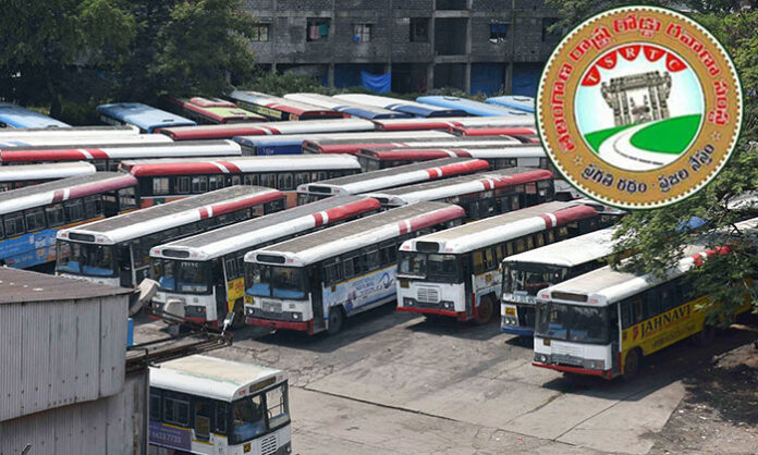 Telangana RTC buses representing the ongoing merger demand, workers' concerns, financial challenges, and the future of public transport in the state.