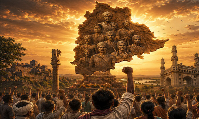 Symbolic representation of Telangana pride, statehood movement sacrifices, and the enduring spirit of Telangana people.