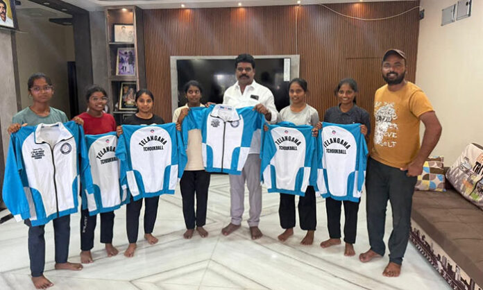 Former Sarpanch distributing sports kits to Telangana athletes selected for national Tchoukball championship team