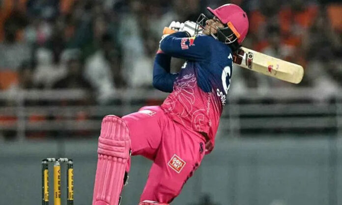Vaibhav Suryavanshi celebrating after breaking Chris Gayle’s record for most sixes in an IPL season with explosive batting performance.