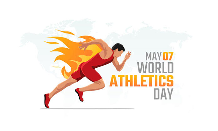 Young athletes running on a track field promoting fitness and healthy lifestyle awareness on World Athletics Day