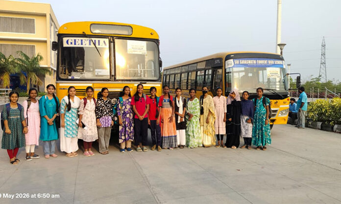 Medak district government school 10th toppers leaving for an educational trip to Ramoji Film City organized by the District Collector