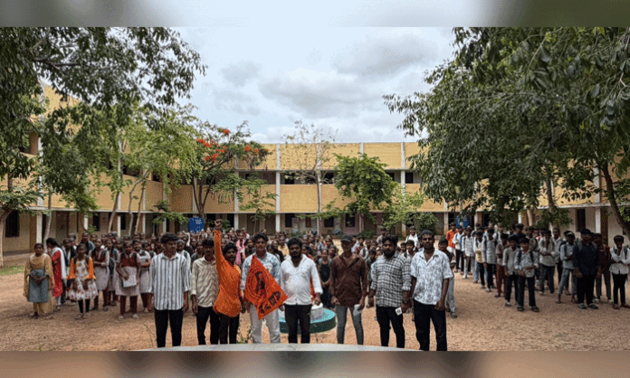 ABVP activists stage a school shutdown protest in Marriguda demanding protection of government schools and regulation of private educational institutions.