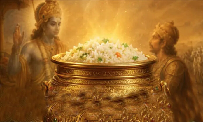 Lord Krishna and Draupadi with the Akshaya Patra during the Mahabharata exile period