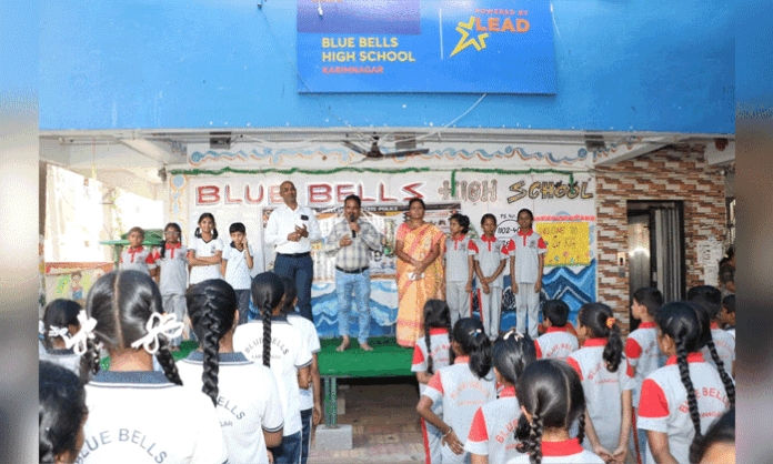 Students participate in International Yoga Day and Road Safety Awareness Program at Blue Bells High School in Hanuman Nagar.