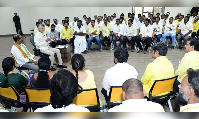 Chandrababu Naidu addressing TDP cluster in-charges in Mangalagiri and warning party leaders about performance and discipline.