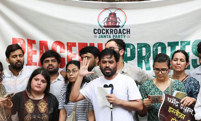 Students protesting at Jantar Mantar in Delhi under the banner of Cockroach Janata Party demanding action on NEET UG and CBSE OSM irregularities