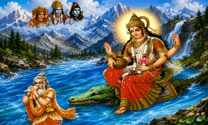 Spiritual depiction of Dasha Papa Hara Dashami and Gangavataranam tradition associated with River Ganga, Bhagiratha penance, and Hindu sacred rituals.