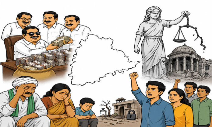 Symbolic representation of public concern over corruption, governance accountability, and transparency in Telangana.