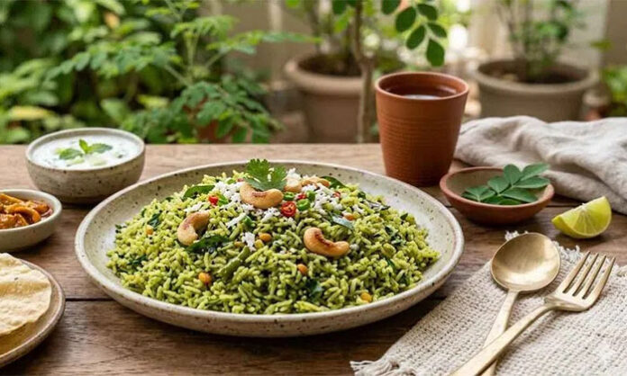 Nutritious drumstick leaf rice prepared with moringa leaves, spices, nuts, and cooked rice, offering a healthy South Indian meal rich in vitamins and minerals.