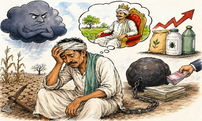 A distressed farmer standing in a dry agricultural field worried about delayed monsoon, rising farming costs, and increasing debt burden during Kharif season
