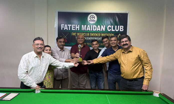 Fateh Maidan Club players celebrate after securing a 3-0 victory over New Club in the snooker and billiards tournament final.