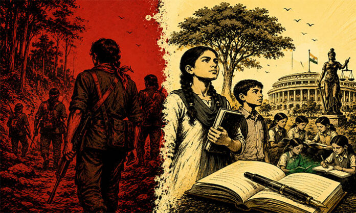 A symbolic image showing the transition from Maoism to education, highlighting literacy, constitutional values, democratic awareness, and the power of knowledge over violence.