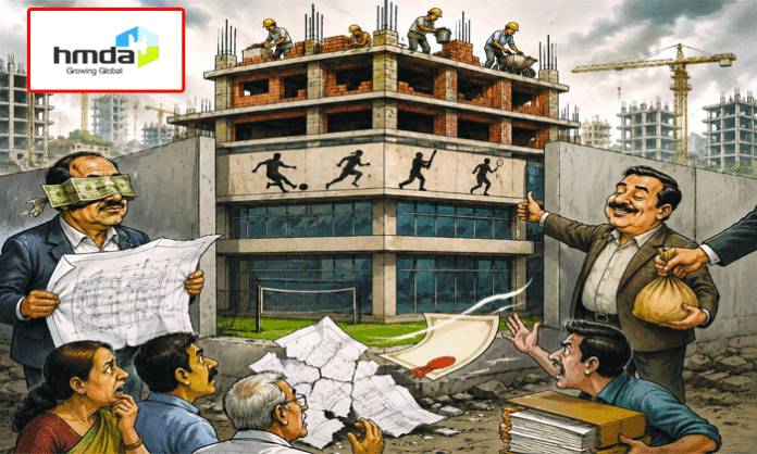 Hunters Sports Academy building in Gandipet faces allegations of construction rule violations after an HMDA occupancy certificate was issued despite claims of unauthorized deviations.