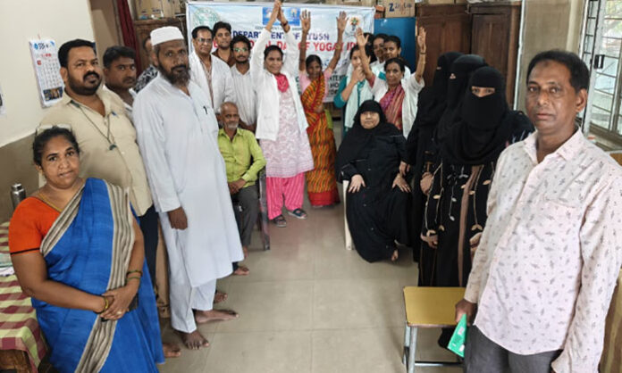 Doctors conduct Healthy Aging awareness program on International Yoga Day at Government Homeopathy Hospital Motigalli