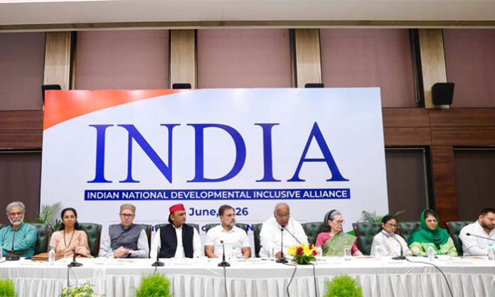INDIA bloc leaders addressing media after demanding resignation of Union Education Minister Dharmendra Pradhan over NEET and CBSE exam controversies.