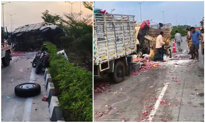 Police at the scene of a fatal road accident near Nellutla village in Jangaon district