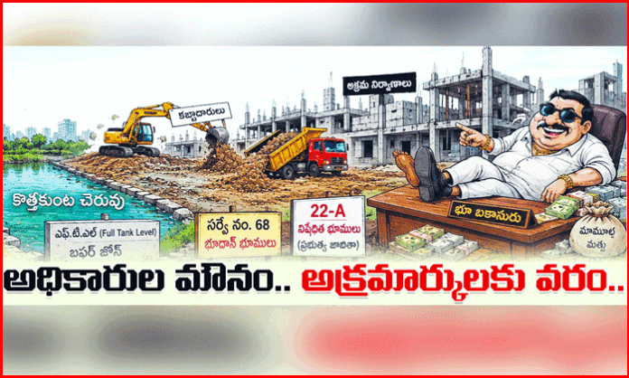 Illegal constructions and land encroachments around Kothakunta Lake in Maheshwaram involving Bhoodan lands, FTL areas, and prohibited Section 22A properties.
