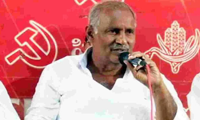 CPI MLA Kunamneni Sambasiva Rao addressing Telangana State Council meeting in Hyderabad, criticizing BJP and outlining party election strategy.