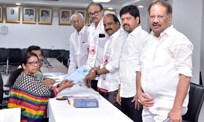 Lingamaneni Ramesh filing nomination papers as Janasena Party candidate for Rajya Sabha elections in Andhra Pradesh.