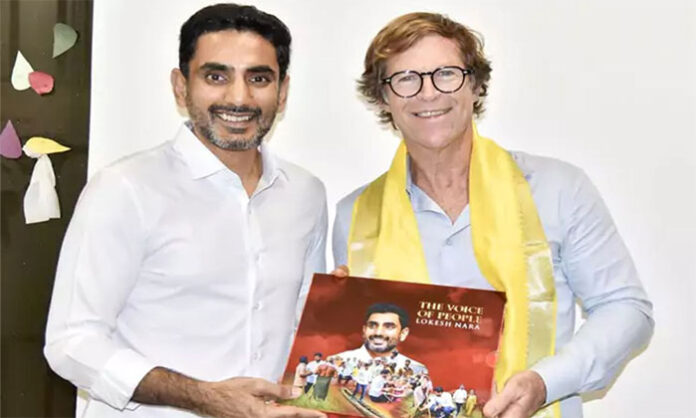 Andhra Pradesh Minister Nara Lokesh meeting former South African cricketer Jonty Rhodes during a discussion on sports and youth development