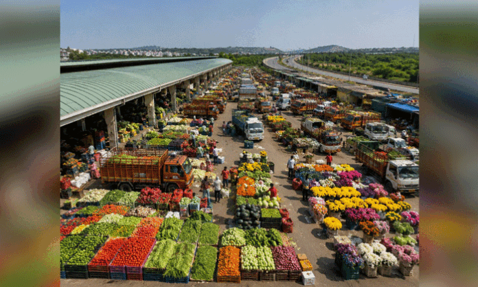 New Moinabad Agri Market being developed near Aziznagar ORR in Telangana with modern facilities including cold storage, wholesale yards, and logistics support for farmers.