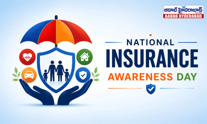 An awareness illustration highlighting National Insurance Awareness Day, emphasizing life insurance, health insurance, financial security, and family protection in India.
