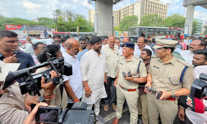 Jubilee Hills MLA Naveen Yadav inspecting the Maitrivanam fire accident site in Ameerpet and interacting with affected shop owners