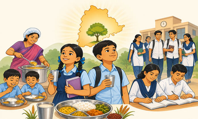 Telangana government school children receiving nutritious milk and ragi malt under midday meal scheme
