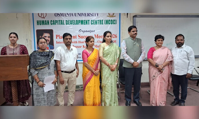 Osmania University Job Mela 2025 event where Vice Chancellor Kumar Molugaram distributes appointment letters to selected students during skill development and recruitment drive.