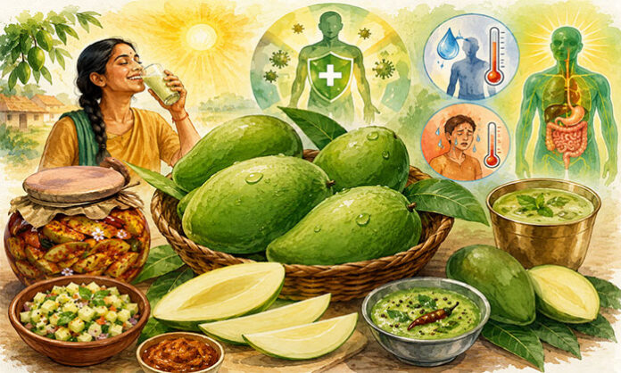 Fresh raw green mangoes used as a nutritious summer fruit rich in vitamins and minerals for cooling and health benefits.